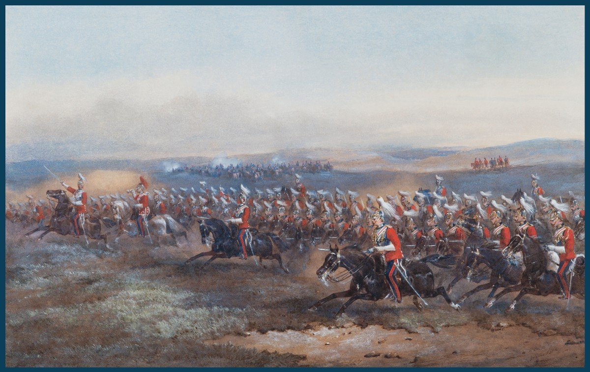 Norie Orlando (1832-1901) "charge Of The British Cavalry" Large Gouache, Signed