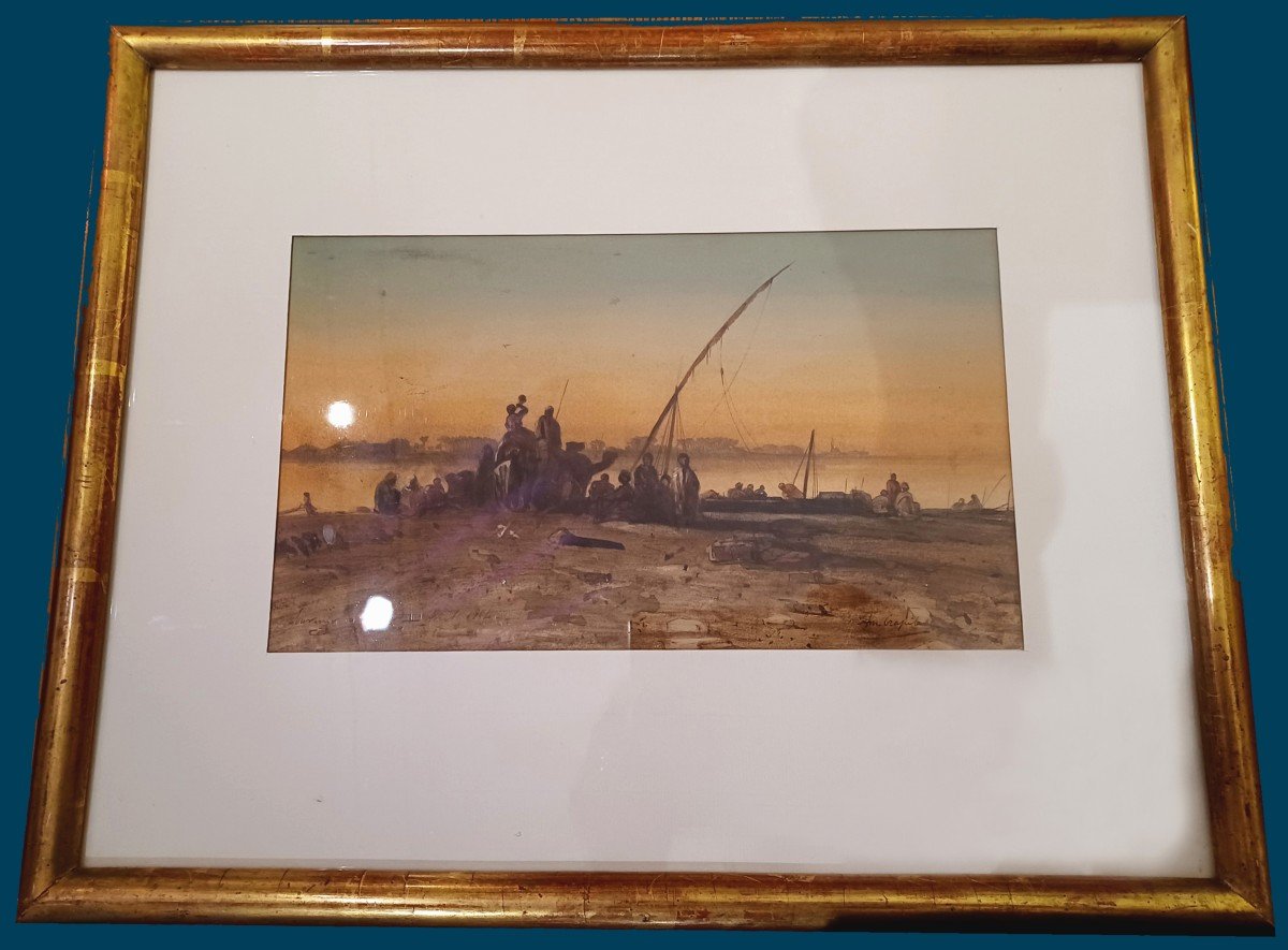 CRAPELET Louis-Amable (1822-1867) "Paysage d'Egypte" Aquarelle, Signé, Daté, Annoté, Cadre 19e-photo-2