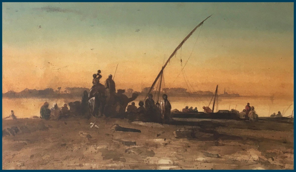 CRAPELET Louis-Amable (1822-1867) "Paysage d'Egypte" Aquarelle, Signé, Daté, Annoté, Cadre 19e