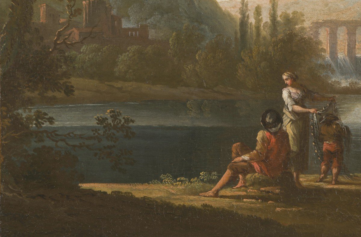 Italian School 18th Century "figures On The Banks Of A River" Oil On Canvas-photo-3