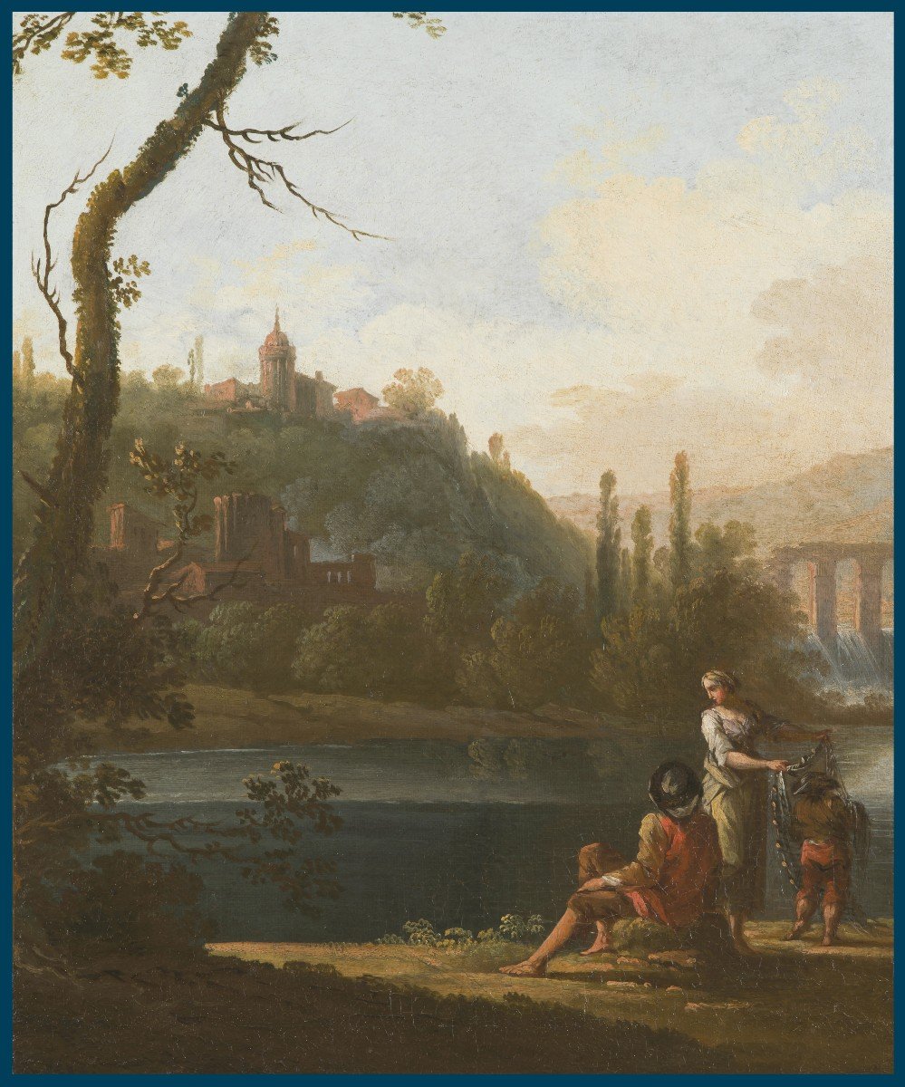 ECOLE ITALIENNE 18E SIECLE "Personnages au bord d'une rivière" Huile sur toile