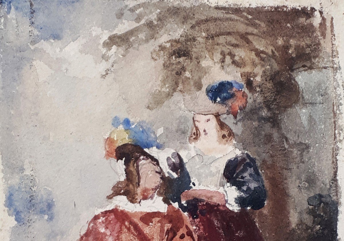 HUET Paul (1803-1869) "Elégantes au chapeau" Aquarelle, Signé du cachet d'atelier-photo-2