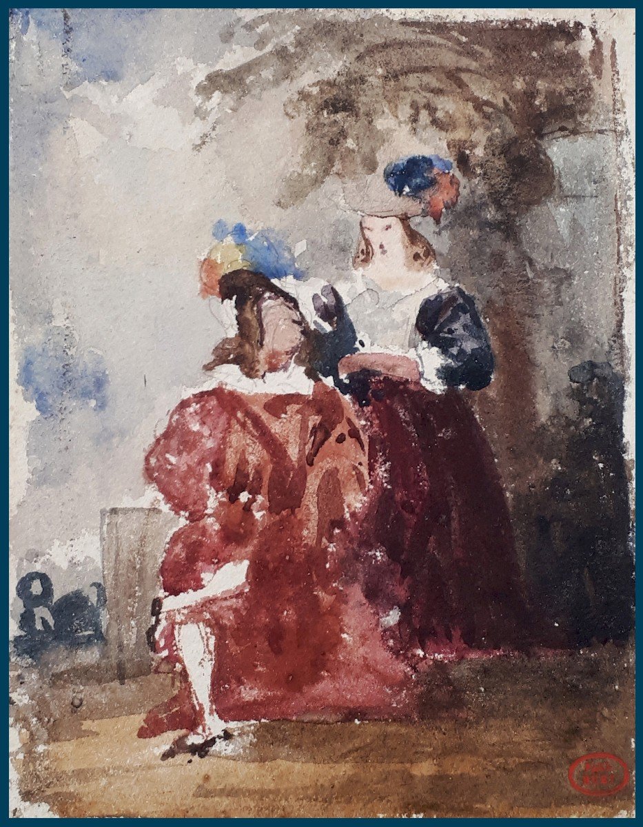 HUET Paul (1803-1869) "Elégantes au chapeau" Aquarelle, Signé du cachet d'atelier