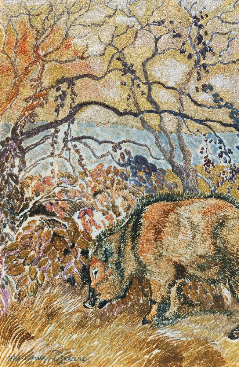 Manzana Pissarro Georges (1871-1961)son Camille Pissarro"wild Boar"drawing/gouache,gold, Signed-photo-2