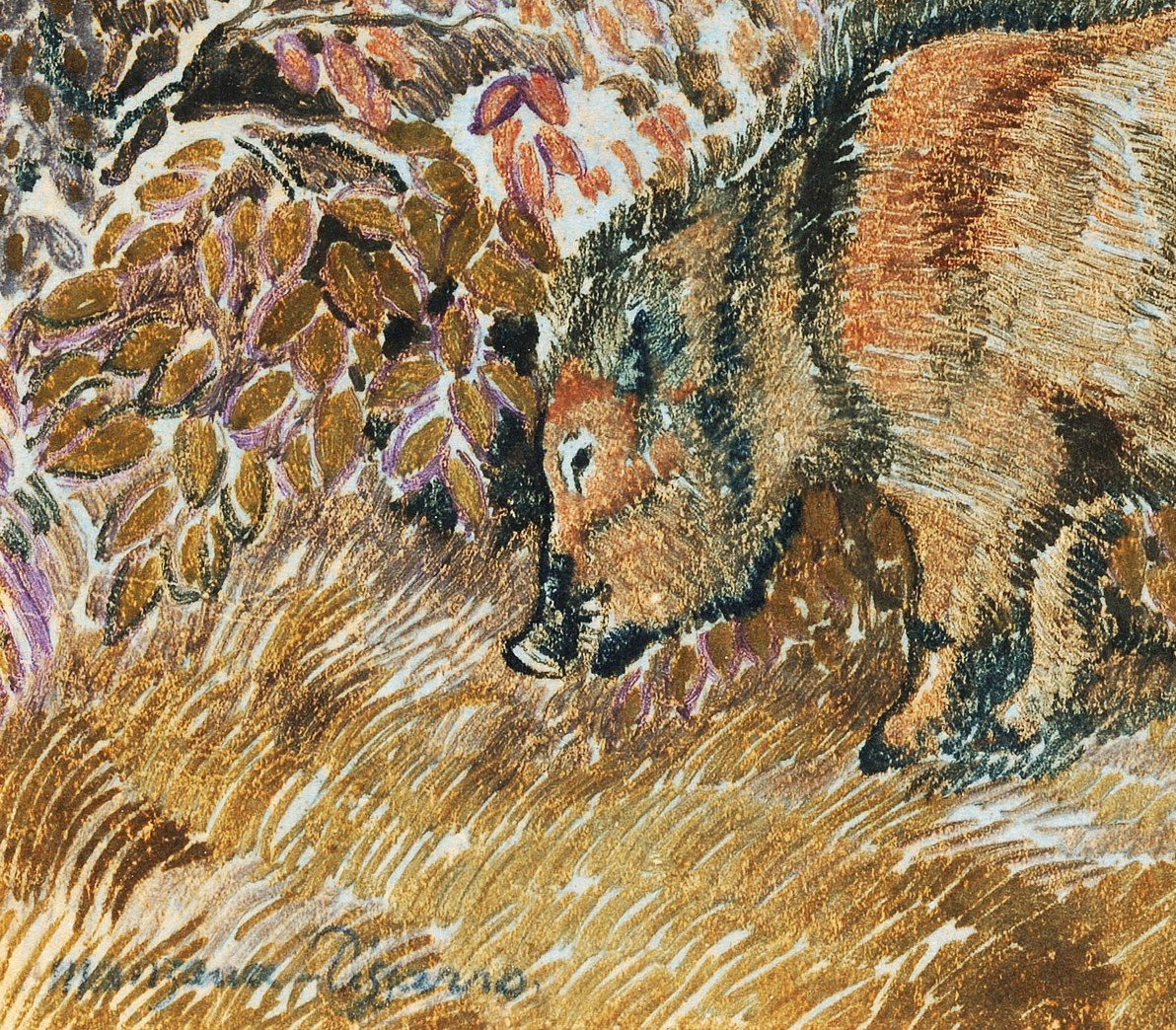 Manzana Pissarro Georges (1871-1961)son Camille Pissarro"wild Boar"drawing/gouache,gold, Signed-photo-4