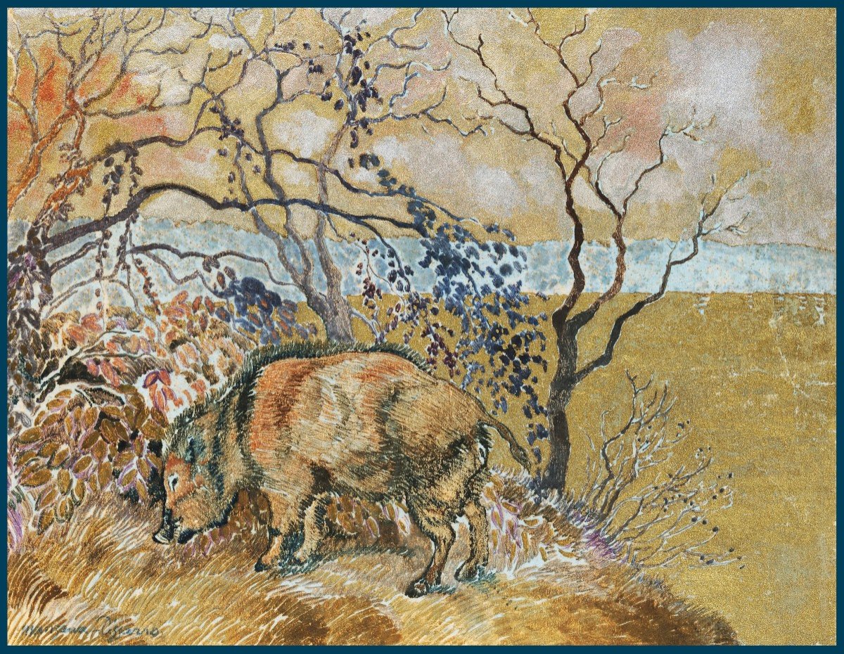 Manzana Pissarro Georges (1871-1961)son Camille Pissarro"wild Boar"drawing/gouache,gold, Signed