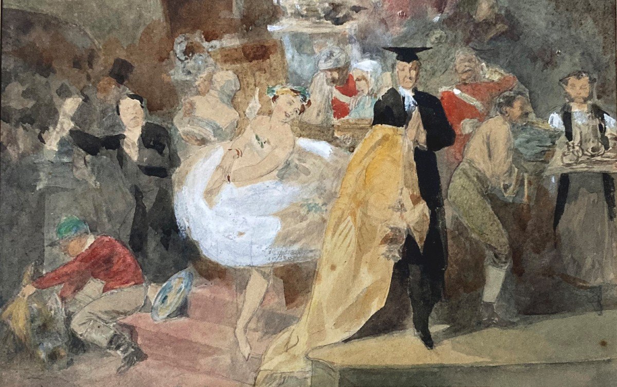 LAMI Eugène (1800-1890) Attribué à "Personnages et danseuse" Dessin/Crayon noir, Aquarelle-photo-3