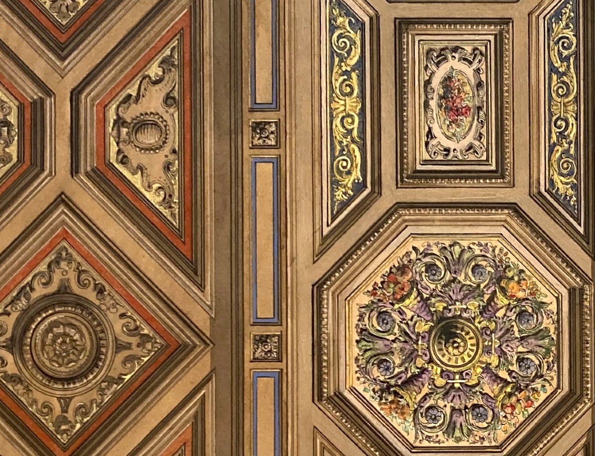 Chaperon Philippe (1823-1906) "coffered Ceiling Project" Gouache Drawing-photo-4