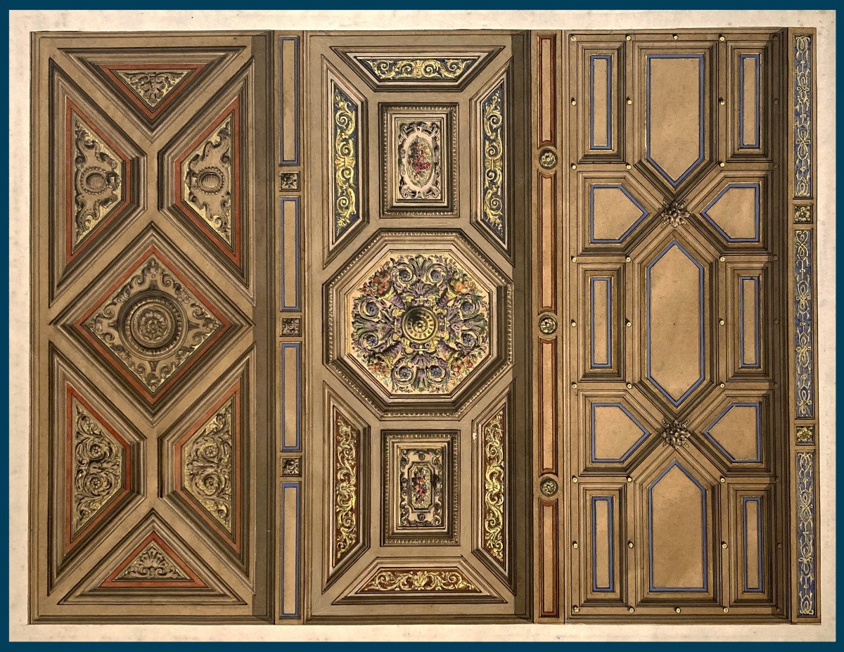 Chaperon Philippe (1823-1906) "coffered Ceiling Project" Gouache Drawing