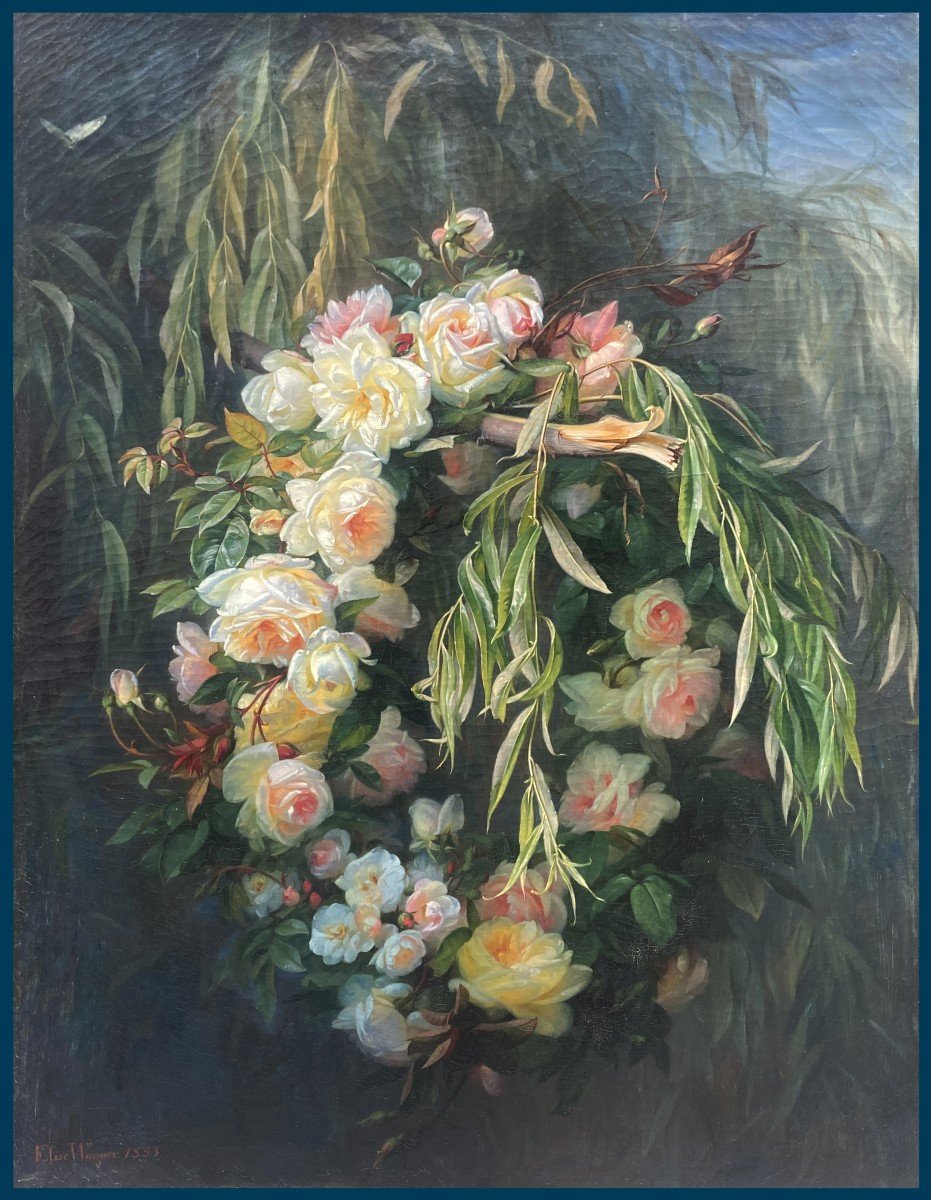 PYROCHE-WAGNER Elise (1828-1895) "Couronne de roses sur une branche" Huile /toile,Signé et Daté