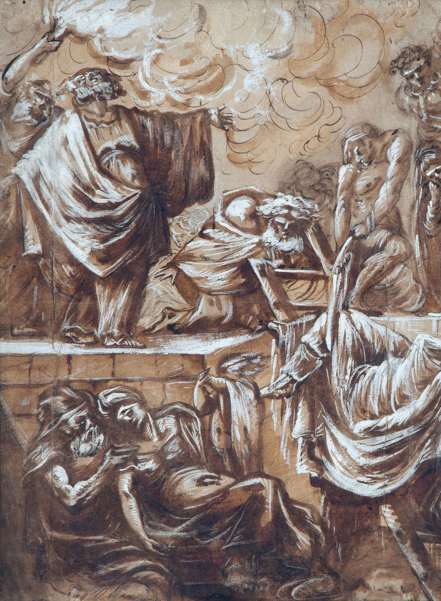 French School 18th Century "tobias Burying The Dead" Drawing/brown Wash, Gouache, 19th Frame-photo-2