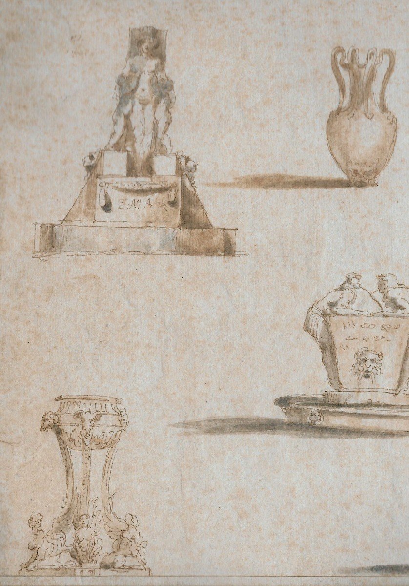 ECOLE ITALIENNE 18E SIECLE "Projet de fontaines" Dessin à la plume, encre et lavis brun et gris-photo-2