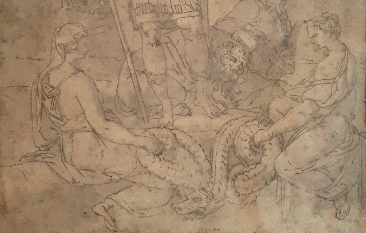 Italian School Circa 1550 "mythological Scene" Drawing With Pen And Ink-photo-3