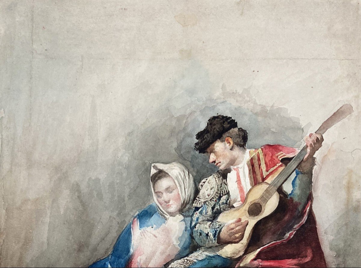 Perea Y Rojas Alfredo (1839-1895) Spanish School "the Serenade" Watercolor, Signed, Dated And Located-photo-2