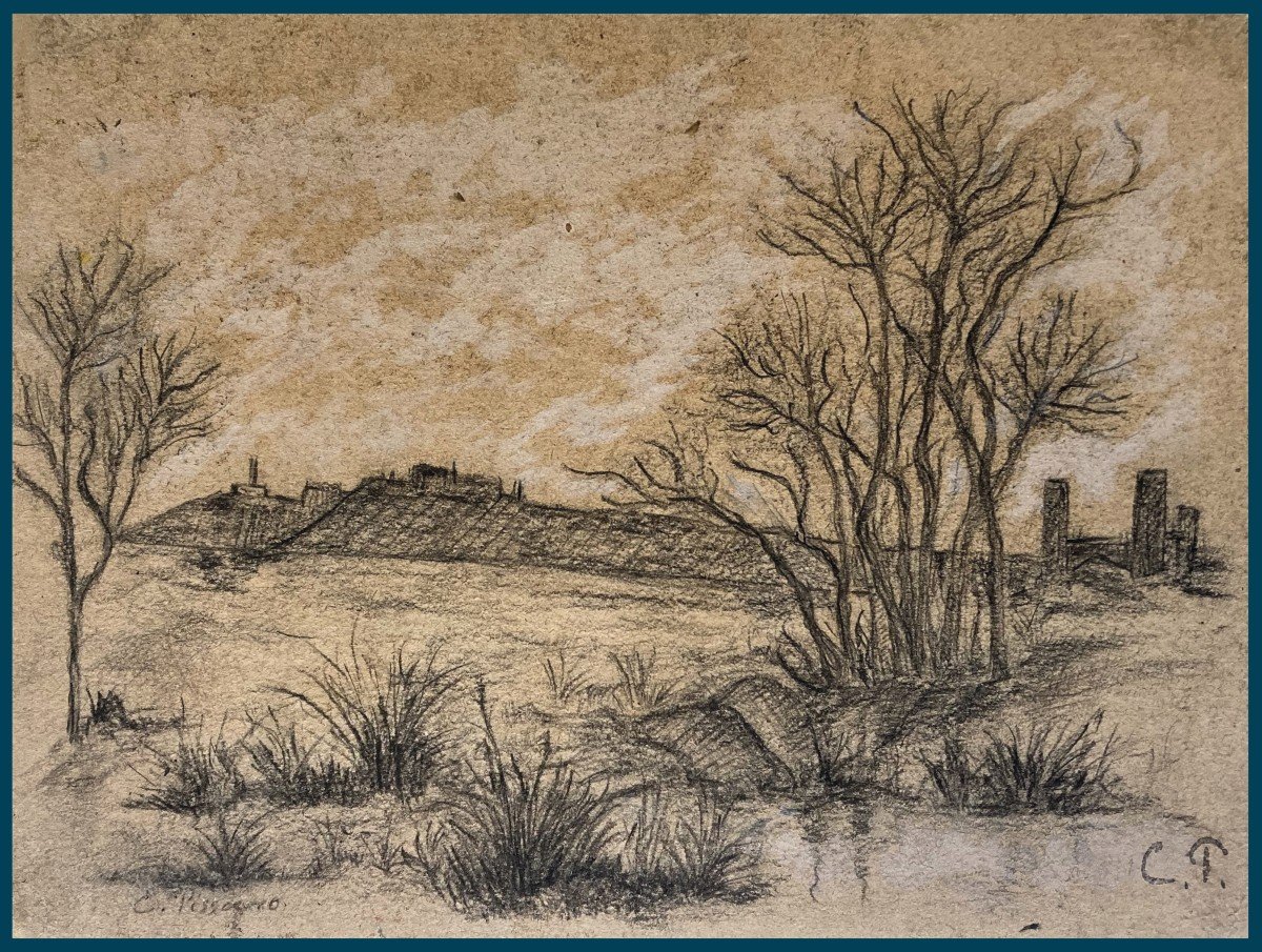 PISSARRO Camille (1830-1903) "Paysage" Dessin/Crayon noir, craie blanche, 2 Cachets, Cadre 19e