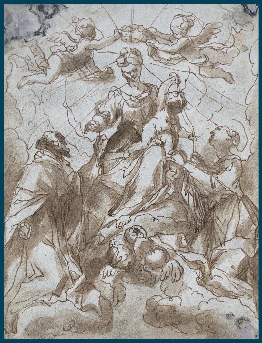 PIOLA Paolo Gerolamo(1666-1724)"La Vierge à l’enfant couronnée par des anges"Dessin/Plume,lavis