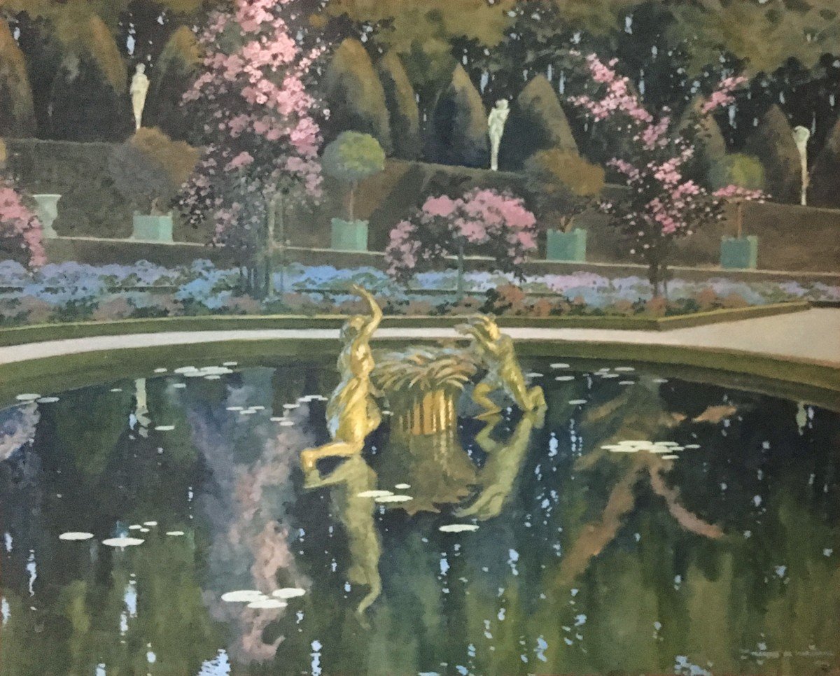 MARLIAVE François De (1874-1953) "Vue d'un bassin dans un parc"Dessin/Gouache, Signé, Cadre 20e-photo-2