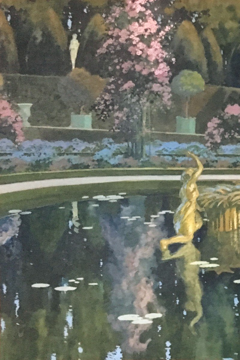 MARLIAVE François De (1874-1953) "Vue d'un bassin dans un parc"Dessin/Gouache, Signé, Cadre 20e-photo-3