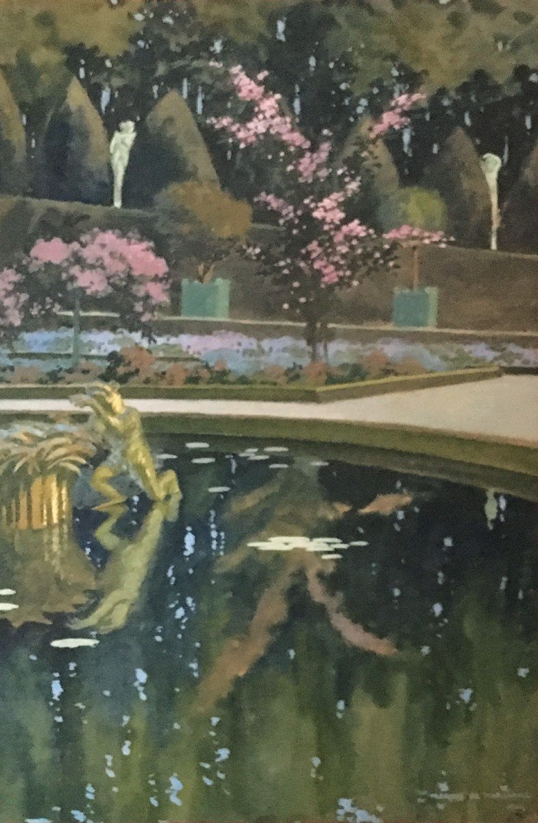 MARLIAVE François De (1874-1953) "Vue d'un bassin dans un parc"Dessin/Gouache, Signé, Cadre 20e-photo-4