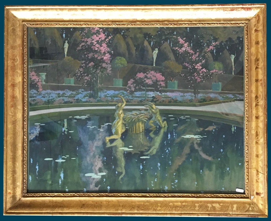 MARLIAVE François De (1874-1953) "Vue d'un bassin dans un parc"Dessin/Gouache, Signé, Cadre 20e