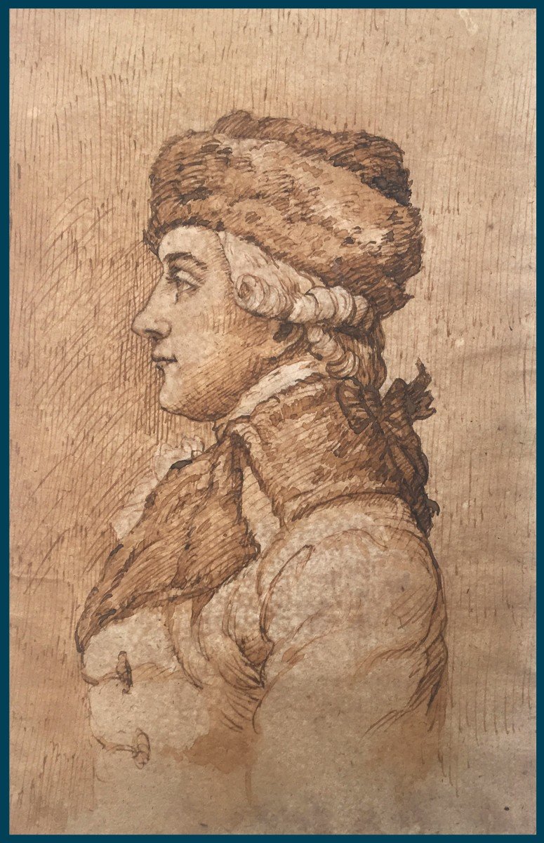 French School 18th Century "profile Of A Man" Pen And Brown Wash Drawing