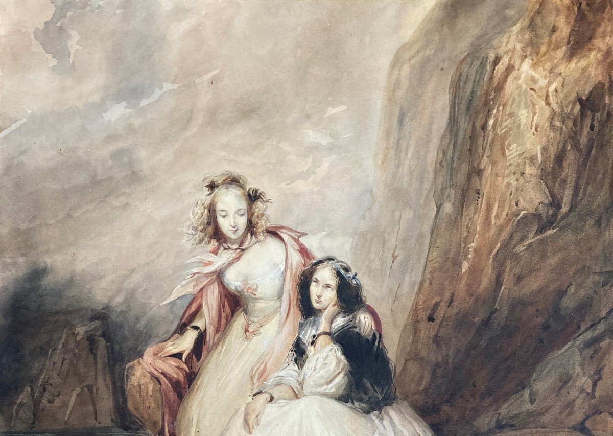 JOHANNOT Tony (1803-1852) "Minna et Brenda d'après "Le Pirate" de Walter Scott" Aquarelle,Cadre-photo-2