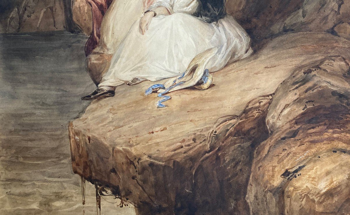 JOHANNOT Tony (1803-1852) "Minna et Brenda d'après "Le Pirate" de Walter Scott" Aquarelle,Cadre-photo-3