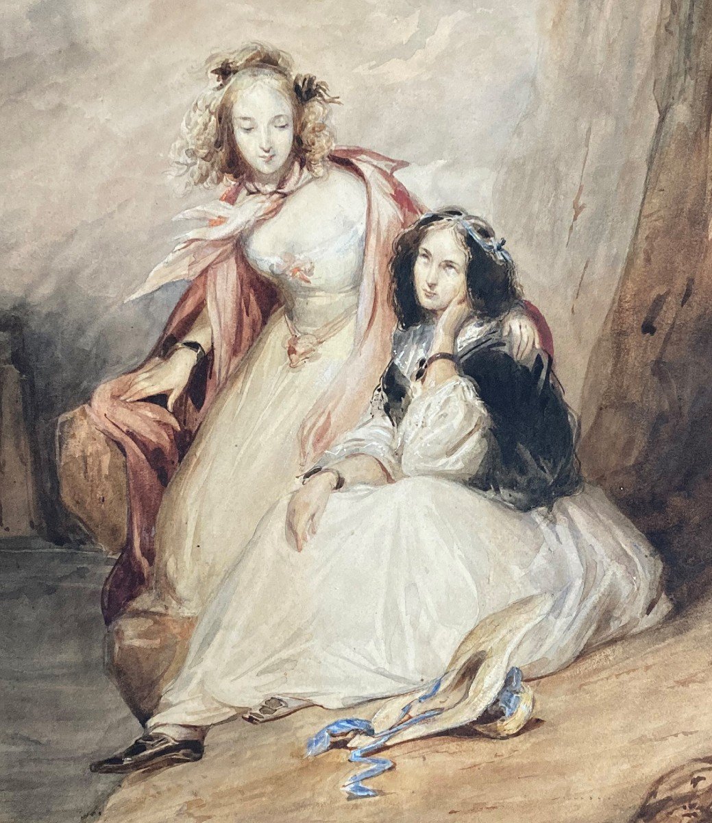 JOHANNOT Tony (1803-1852) "Minna et Brenda d'après "Le Pirate" de Walter Scott" Aquarelle,Cadre-photo-4