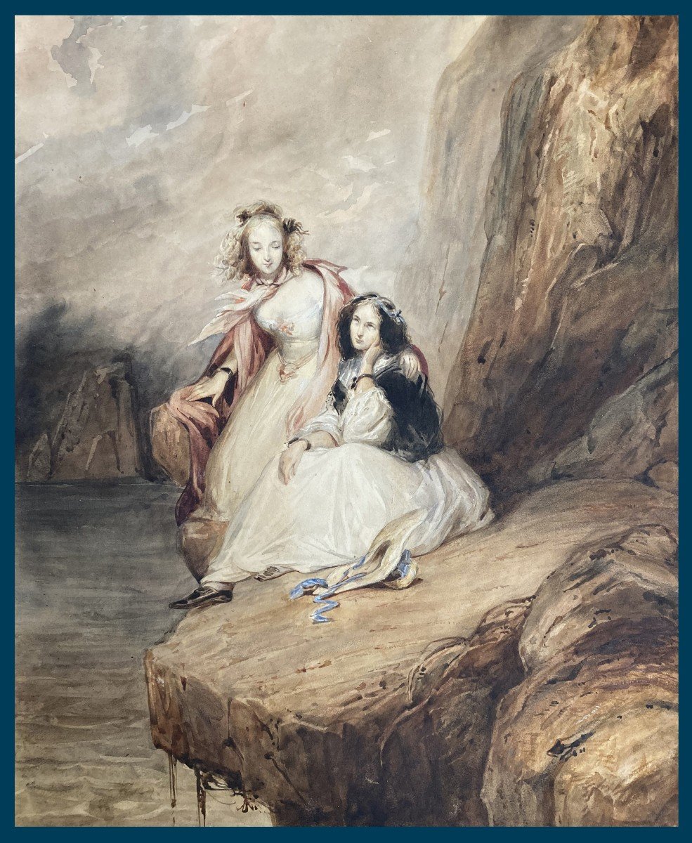 JOHANNOT Tony (1803-1852) "Minna et Brenda d'après "Le Pirate" de Walter Scott" Aquarelle,Cadre