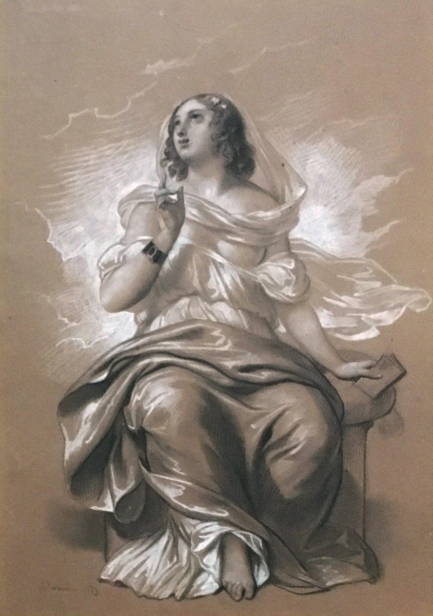 DEVÉRIA Achille (1800-1857) "Femme assise drapée" Dessin/Crayon noir, craie blanche,Signé,Cadre-photo-2