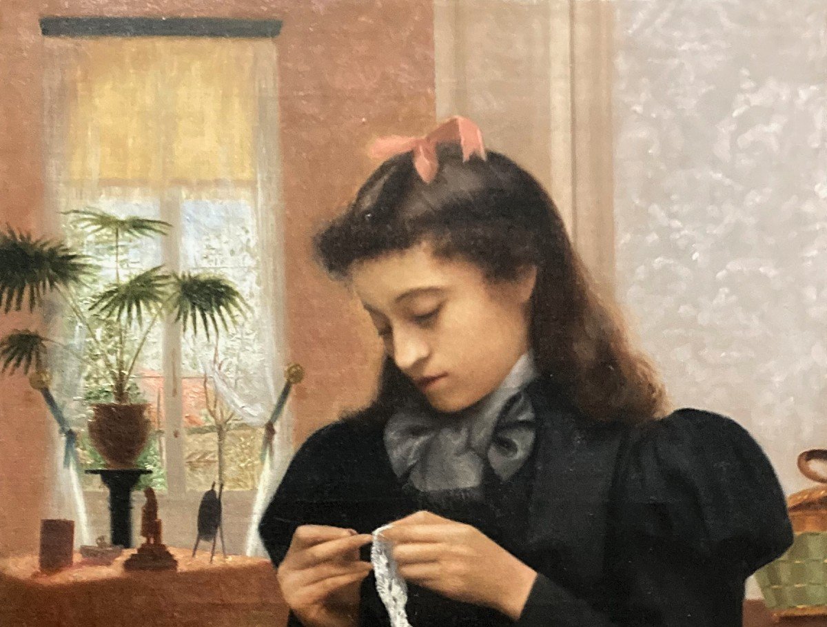 French School 19th Century "young Woman At Work" Oil On Canvas, Illegible Signature-photo-2