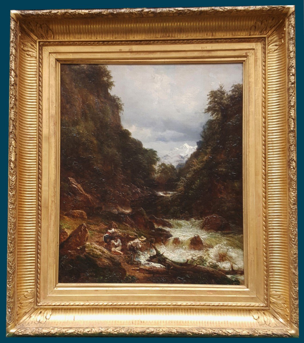 GIROUX André (1801-1879) "Le bout-du-monde/Ravin d'ALLEVARD, Alpes françaises"Huile/toile,Cadre