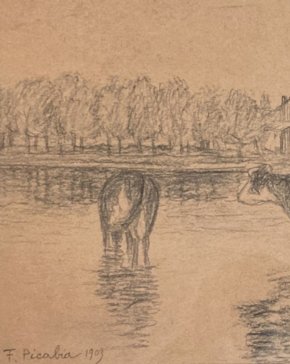 PICABIA Francis (1879-1953) "Vaches au bord de la rivière" Dessin/Crayon noir, Signé,daté,Cadre-photo-3