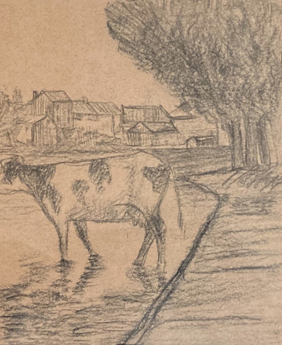 PICABIA Francis (1879-1953) "Vaches au bord de la rivière" Dessin/Crayon noir, Signé,daté,Cadre-photo-4