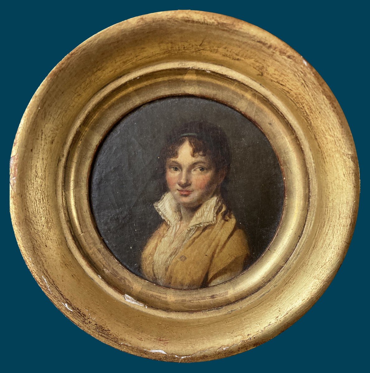 French School Early 19th Century "portrait Of A Woman" Miniature, Oil On Panel, 19th Century Frame