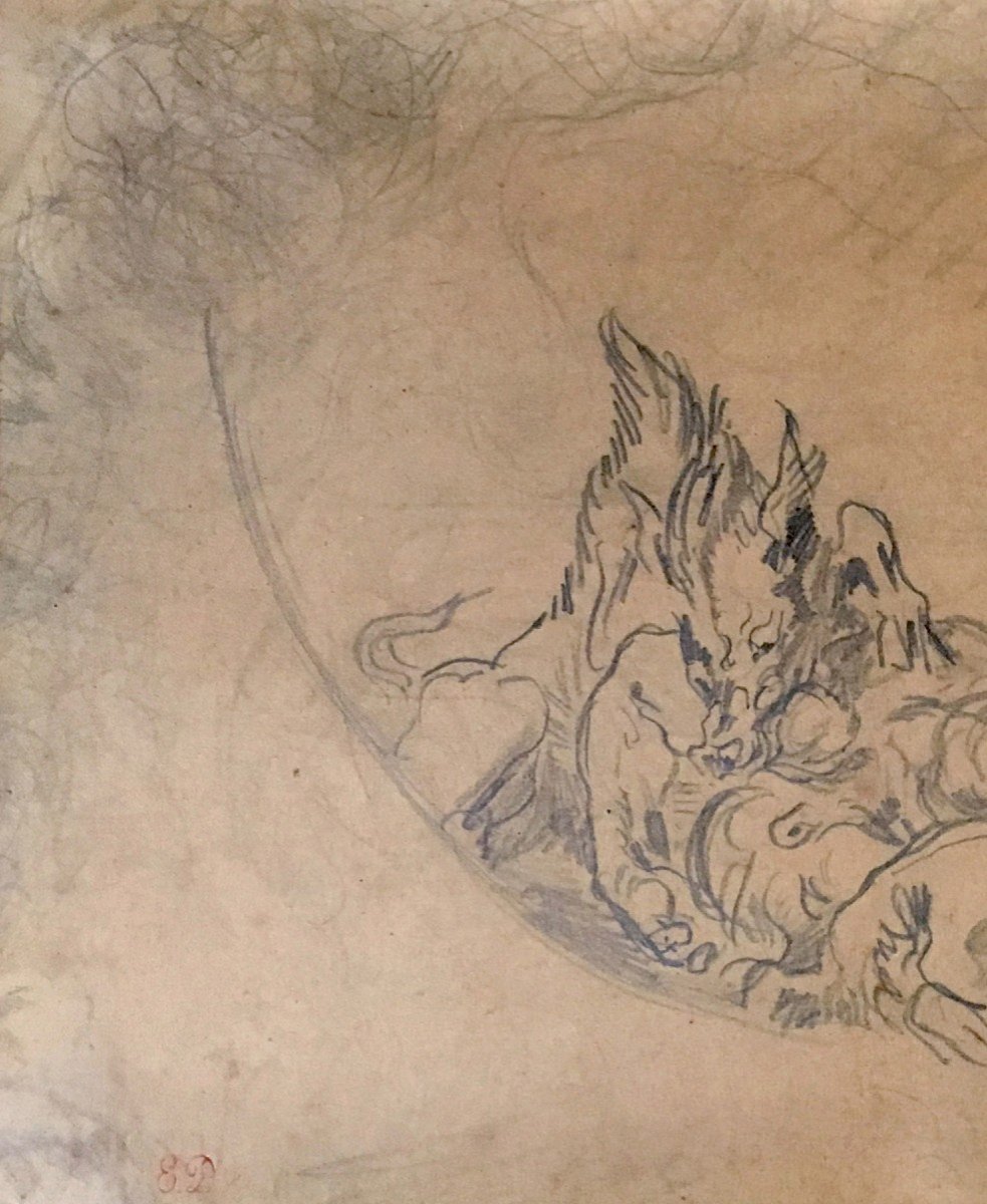 DELACROIX Eugène (1798-1863)"Etude Plafond d'Apollon au Louvre" Dessin/Crayon noir,Cachet,Cadre-photo-3