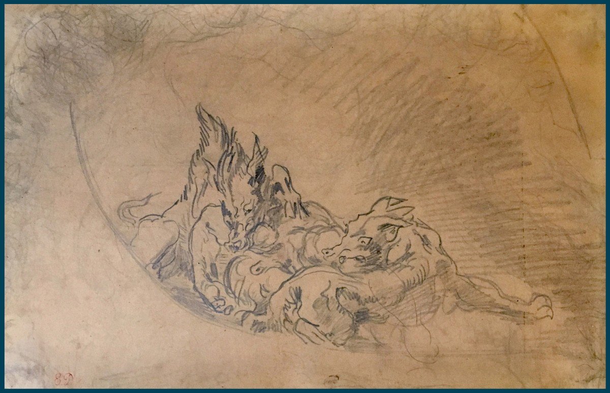 DELACROIX Eugène (1798-1863)"Etude Plafond d'Apollon au Louvre" Dessin/Crayon noir,Cachet,Cadre