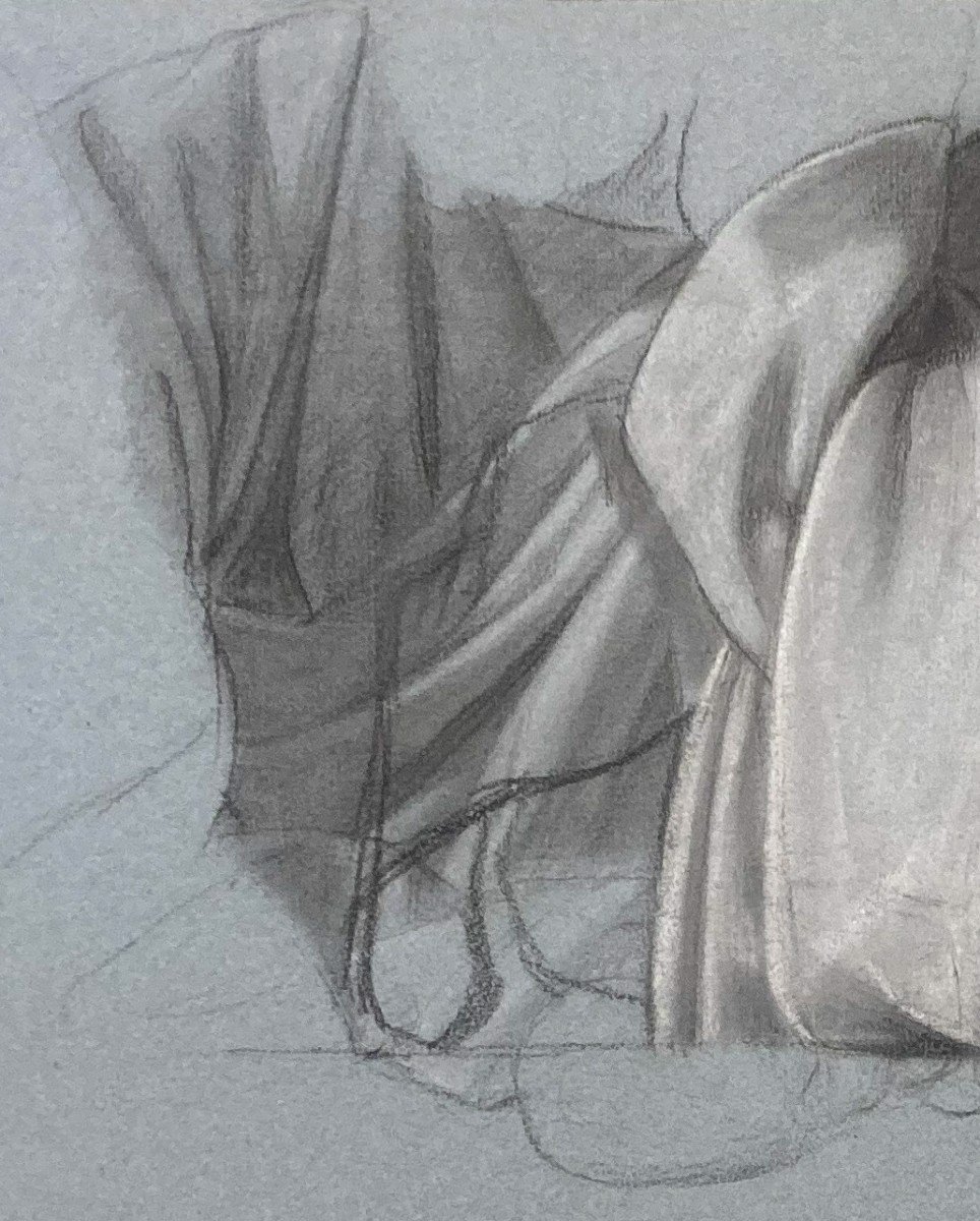 Pichon Auguste (1805-1900) "study Of Drapery" Drawing/black Pencil, White Chalk, Provenance-photo-2