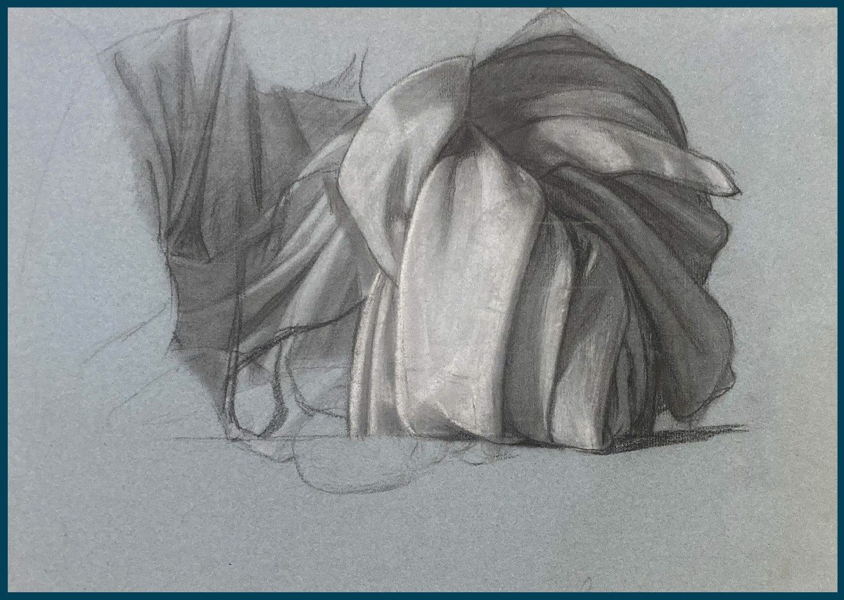 Pichon Auguste (1805-1900) "study Of Drapery" Drawing/black Pencil, White Chalk, Provenance