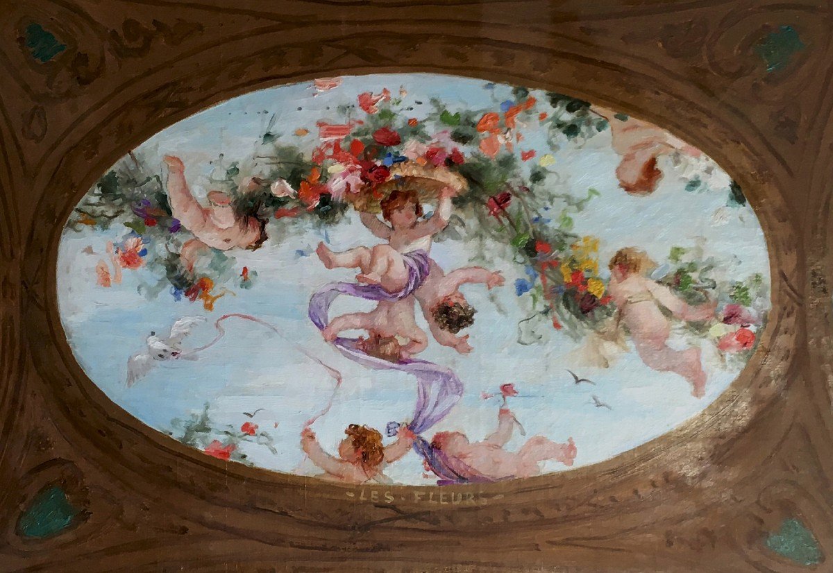 FERRIER Gabriel (1847-1914) "Projet de plafond" Huile sur toile, Cachet, Provenance, Cadre 19e-photo-4