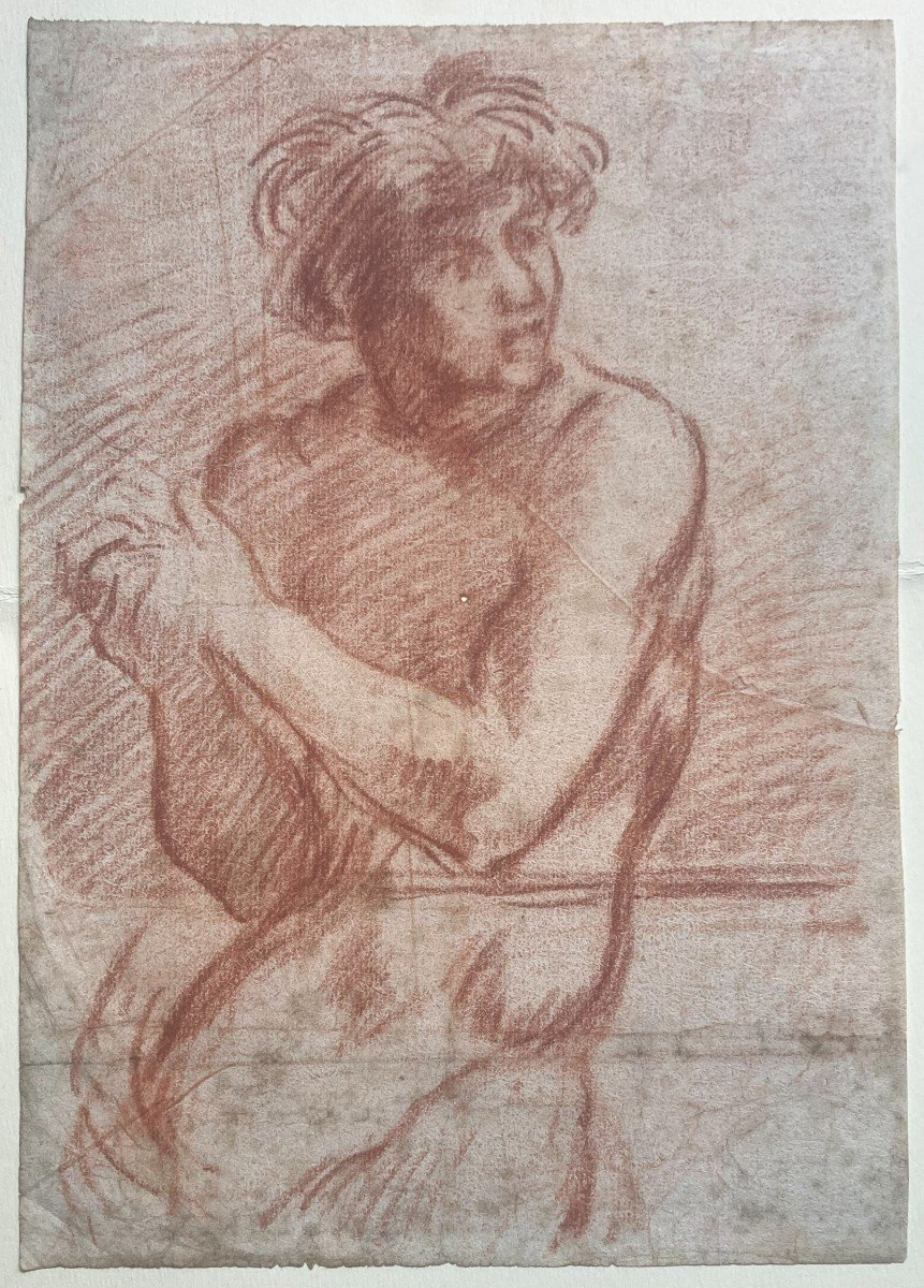 ECOLE ITALIENNE 17E SIECLE "Etude d'homme nu" Dessin au crayon sanguine-photo-4