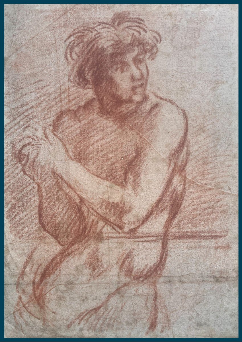 ECOLE ITALIENNE 17E SIECLE "Etude d'homme nu" Dessin au crayon sanguine