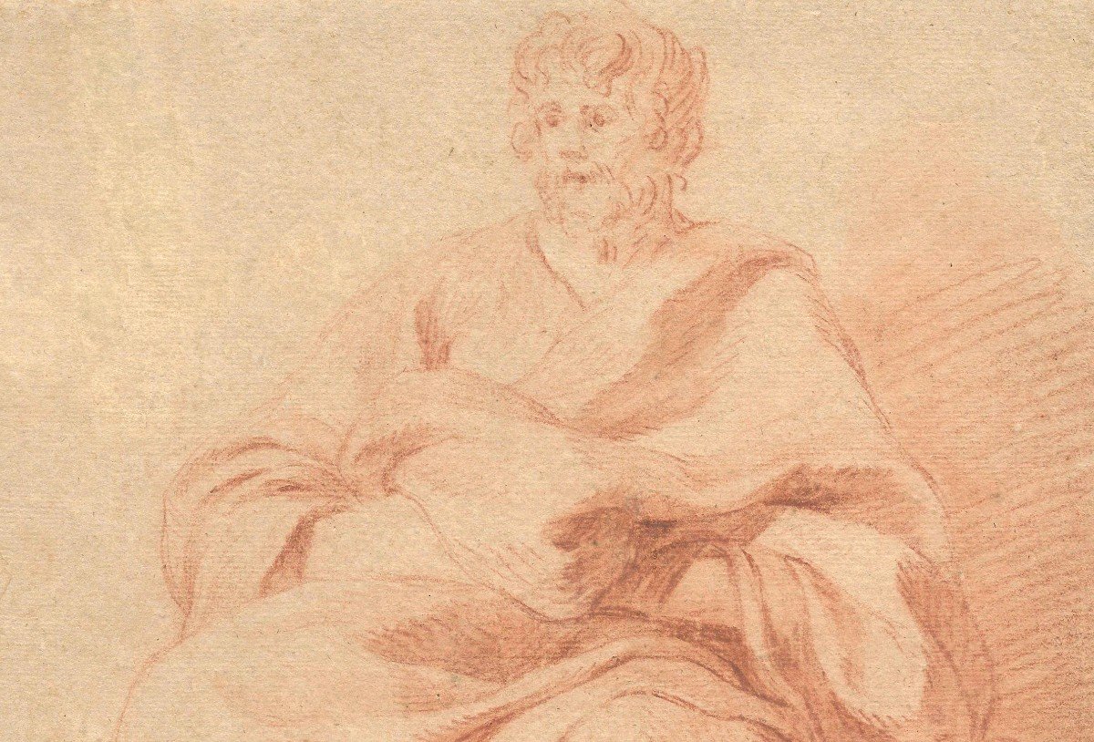 LEMOYNE François (1688-1737) "Personnage drapé assis" Dessin au crayon sanguine, annoté-photo-2