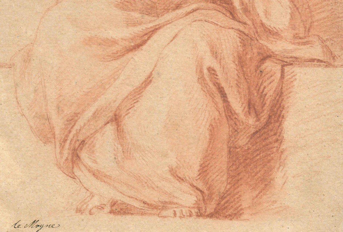 LEMOYNE François (1688-1737) "Personnage drapé assis" Dessin au crayon sanguine, annoté-photo-3