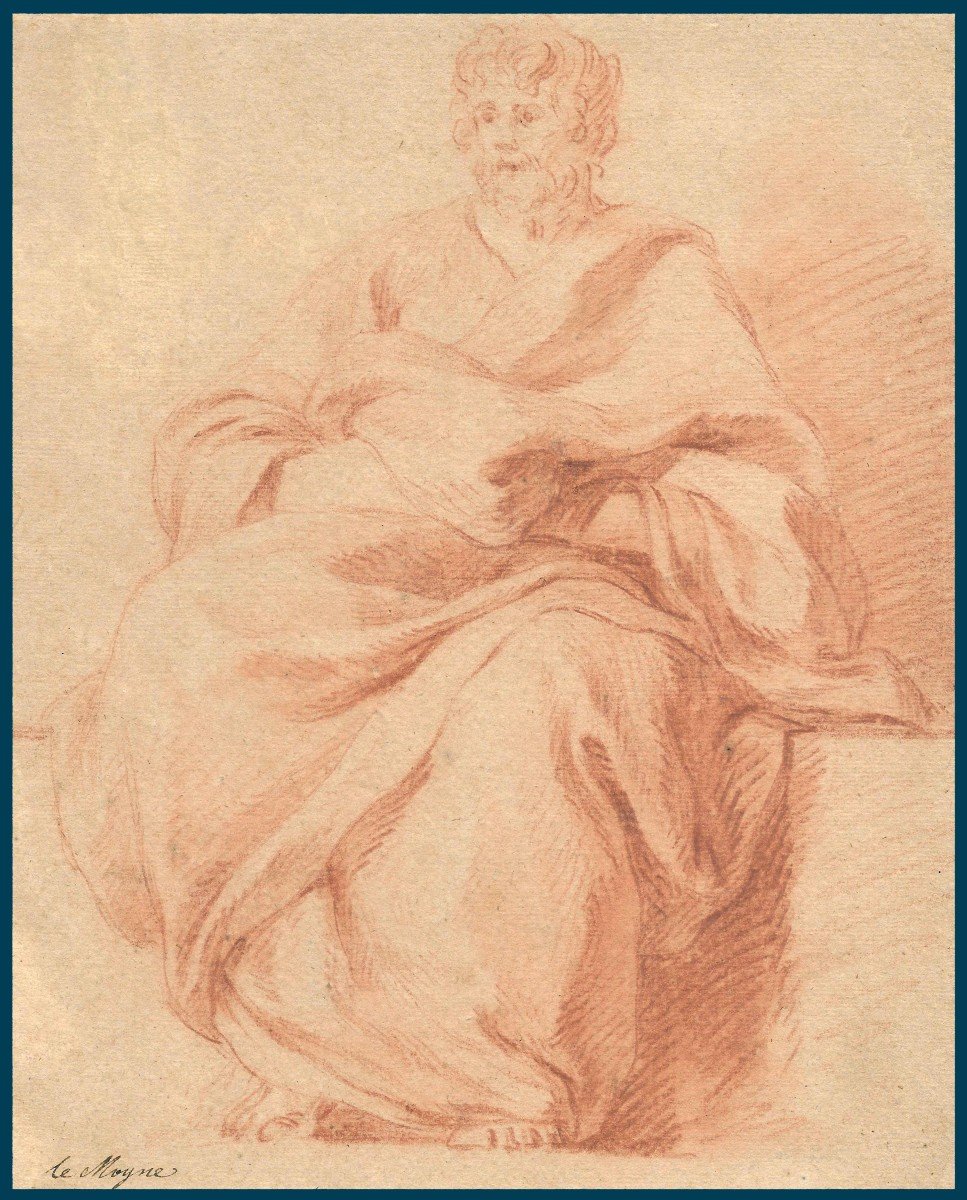 LEMOYNE François (1688-1737) "Personnage drapé assis" Dessin au crayon sanguine, annoté