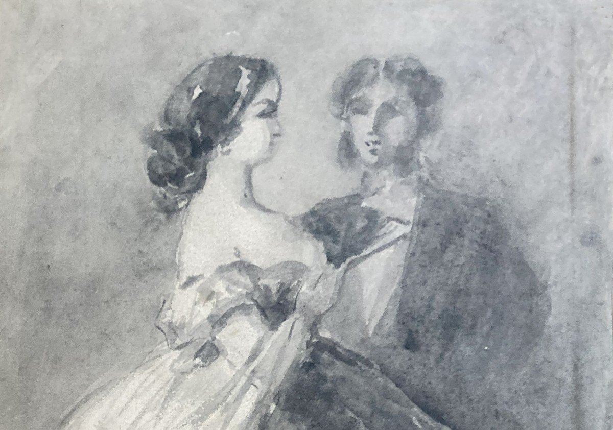 GUYS Constantin (1802-1892) "Un couple" Dessin au lavis gris-photo-3