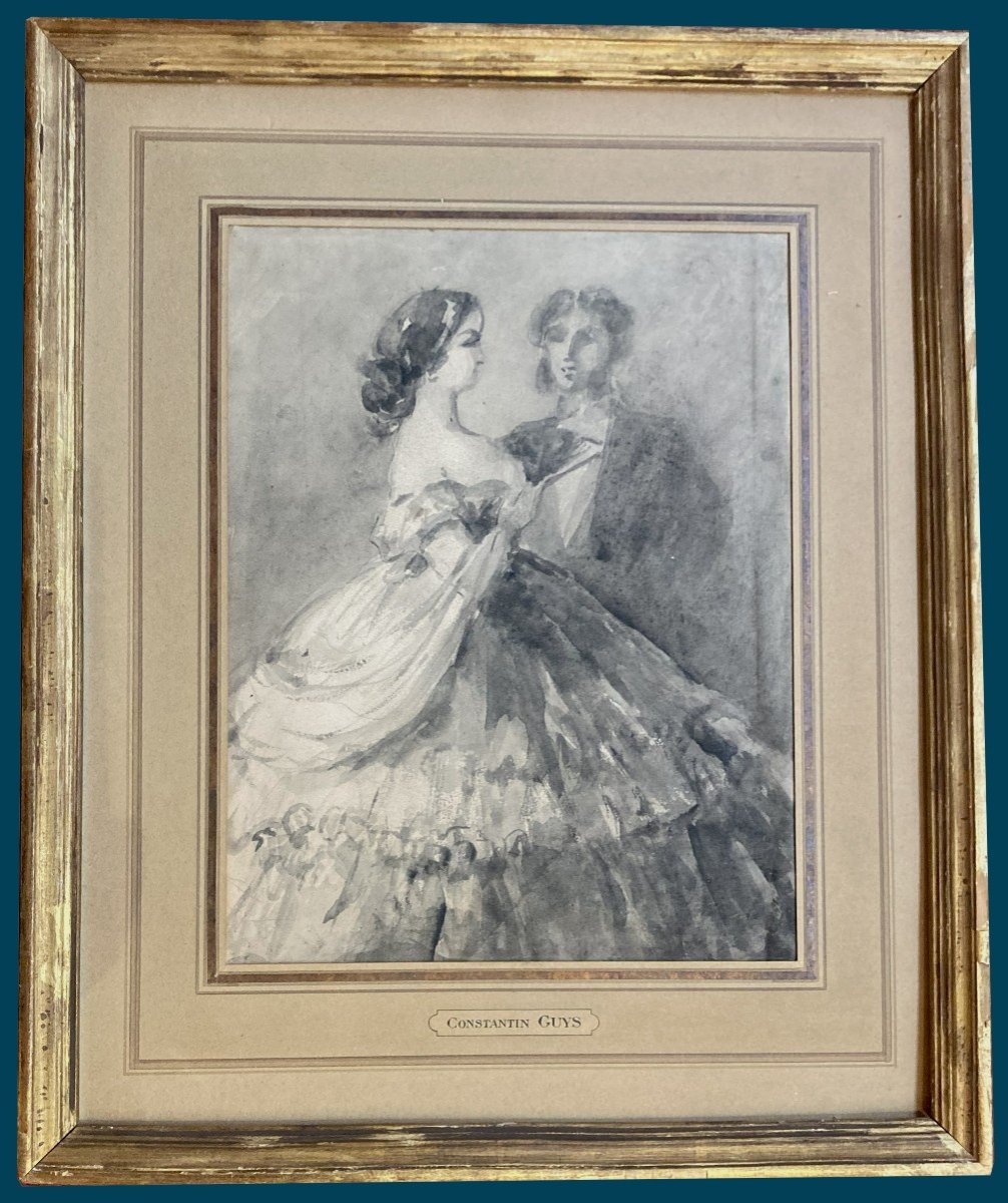 Guys Constantin (1802-1892) "a Couple" Gray Wash Drawing