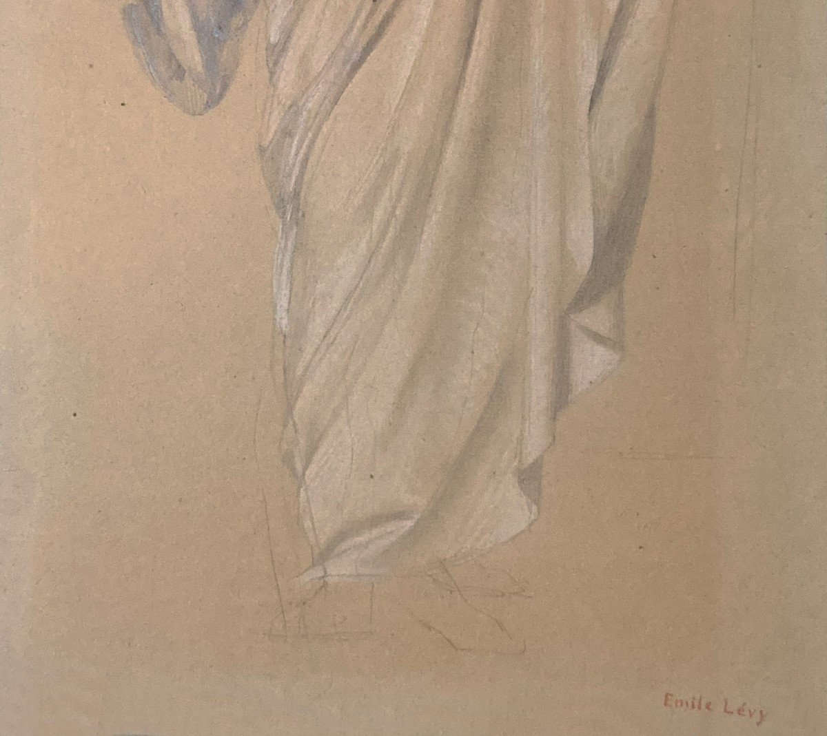 LEVY Emile (1826-1890) "Personnage drapé" Dessin au Crayon noir et craie blanche, Signé-photo-3