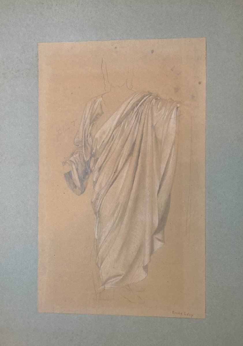 LEVY Emile (1826-1890) "Personnage drapé" Dessin au Crayon noir et craie blanche, Signé-photo-4