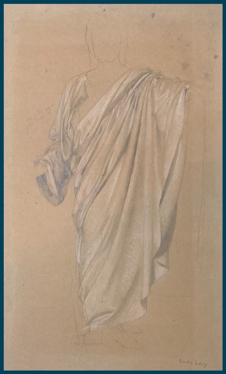 LEVY Emile (1826-1890) "Personnage drapé" Dessin au Crayon noir et craie blanche, Signé